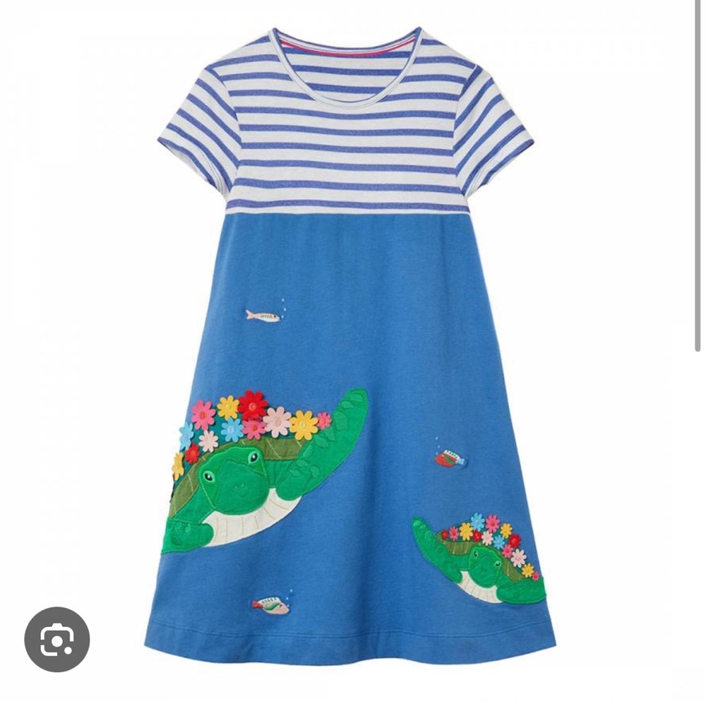 NWT Mini Boden Short-Sleeve Jersey Knit Elizabethan Blue Turtles Dress 5-6 Years